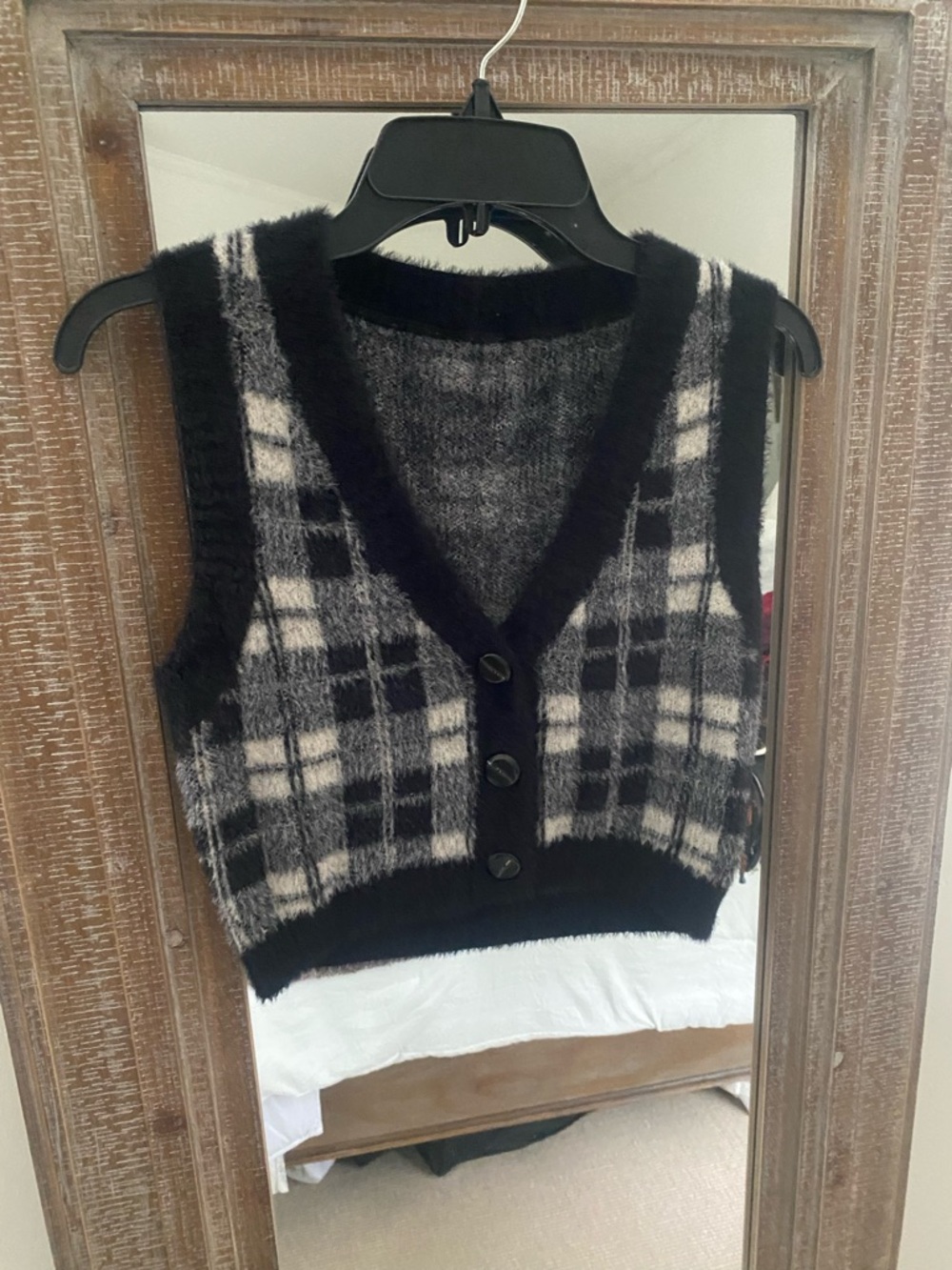 Fuzzy Black & White Plaid Button Front Vest